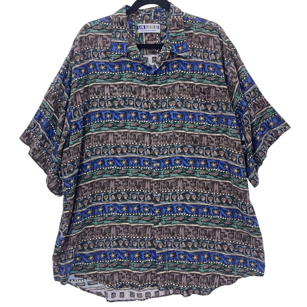 Untied 90sBlue Abstract Shell Print Button Down Shirt XL Short Sleeve Vintage